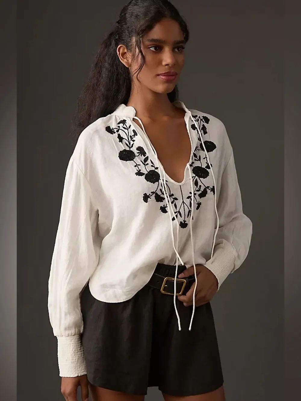 Anthropologie Linen Long Sleeve Embroidered Blouse NWT